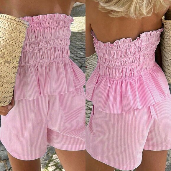 Pink Boho Womens Tropical Beach strapless Striped Bandeau Top And Shorts Set - Picture 1 of 11